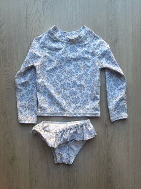 Rylee + Cru Blue and Cream Floral Long-Sleeve Rash Guard Swim Set